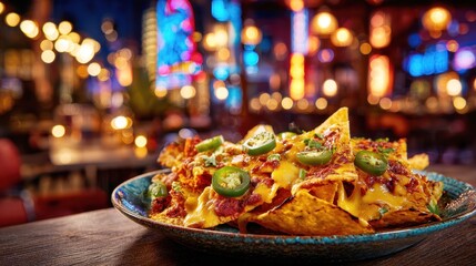 Cheesy nachos topped with jalapeños in a vibrant restaurant setting