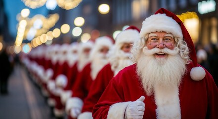 Santa Claus parade with multiple participants in festive city lights  