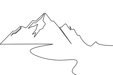 One line art  landscape of mountains and river in simple illustration