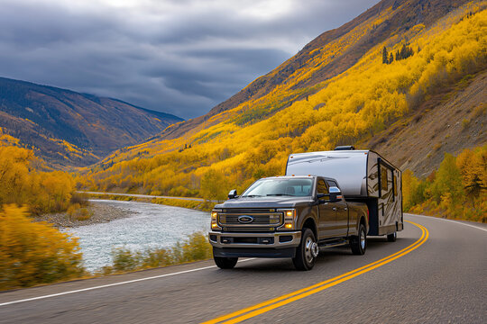 Heavy-Duty Pickup Truck Towing a Fifth Wheel RV Through a Scenic Mountain Valley with Golden Autumn Foliage