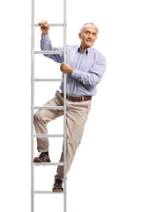 Obraz premium Elderly man standing on a ladder and looking at camera