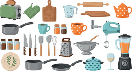 Kitchen utensil vector set including pots, knives, blender, toaster, cups, spices, cutting boards and cooking tools