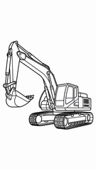 Kids construction coloring page featuring a detailed excavator with long arm, bucket and tracked wheels. Thin black outline with simple contours and many small mechanical details.