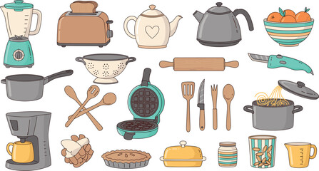 Kitchen utensil vector set with blender, toaster, kettle, cookware, waffle maker, cutlery, cups, bowls and baking tools