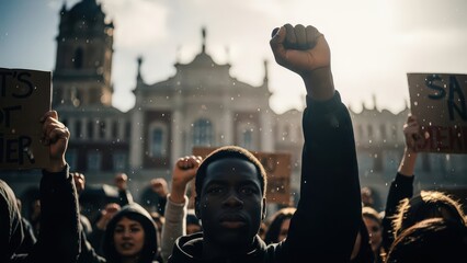 Young black man raising his fist in protest at a rally in a city square on a bright sunny day