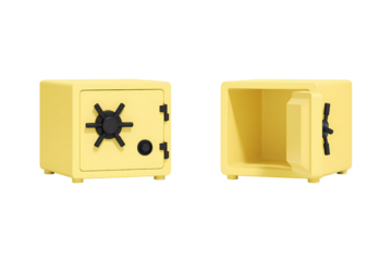 Safe money security box 3D cartoon illustration protecting cash savings valuables vault strongbox financial safety storage design, PNG with transparent background