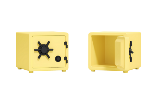 Safe money security box 3D cartoon illustration protecting cash savings valuables vault strongbox financial safety storage design, PNG with transparent background