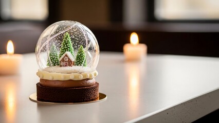 Exquisite Christmas dessert crafted into a magical edible snow globe, featuring a miniature winter scene with a cabin and pine trees