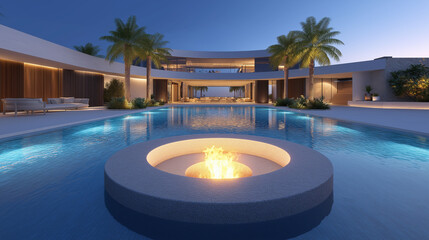 Luxurious Modern Villa Pool Area with Central Fire Feature and Illuminated Palm Trees at Twilight
