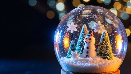 A festive Christmas snow globe captures a magical winter wonderland scene with a happy snowman and pine trees against a sparkling bokeh lights background
