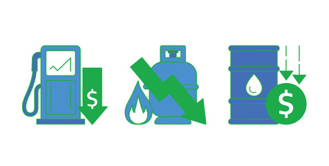 Fuel prices are decreasing with icons representing a gas pump, propane tank, and oil barrel.