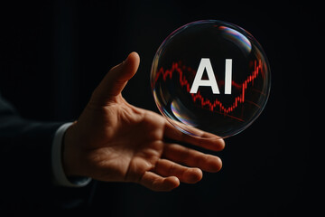 AI stock fragile sphere hand businessman conveys volatile investment risk as red market reflects inside a glass bubble creating a tense financial mood