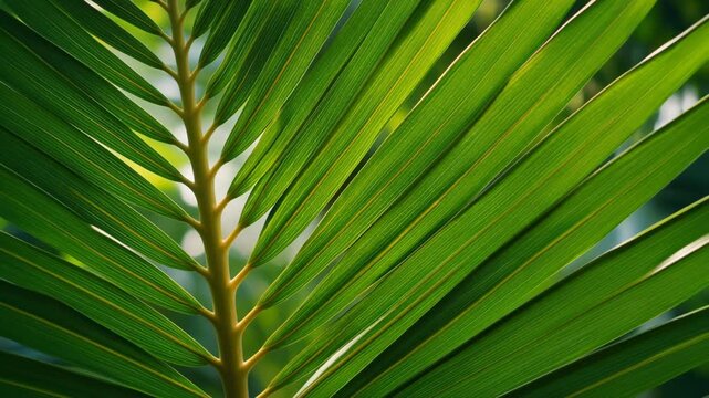Tropical palm leaf green frond midrib pattern and texture create calming vibrant mood with sunlight and shadow showing vein and glossy surface suggesting freshness and harmony