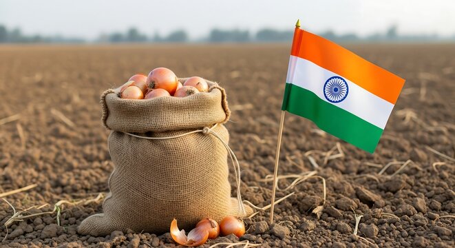 Burlap sack overflowing with fresh harvest of onions in open field near Indian flag, symbolizing agricultural pride and rich Indian farming traditions