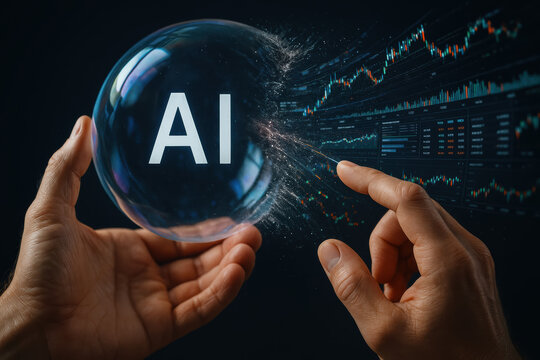 AI bubble hand market scene showing fragile technology sphere bursting into streaming data and charts evoking tension and high-stakes financial insight