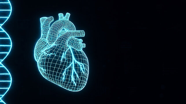 Glowing blue digital heart and dna helix on black background