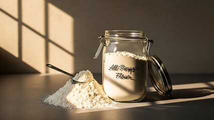 Flour in a glass jar with spoon in warm sunlight