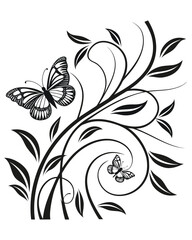A delicate black and white illustration featuring two butterflies amidst swirling floral vines and leaves, creating a graceful natural motif