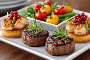 Gourmet surf and turf main course serving filet mignon and scallops