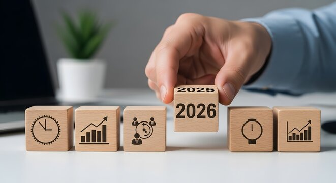 Hand placing 2026 block, symbolizing new year business planning, growth.