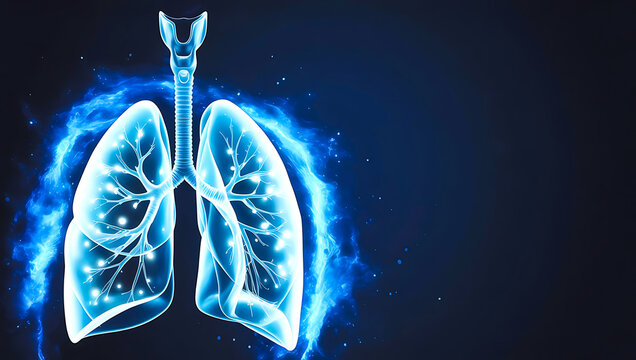 Glowing blue digital human lungs with swirling energy on dark background