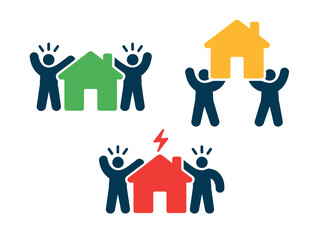 Illustrations depict stylized figures holding houses, signifying concepts of home ownership, community building, and potential property issues.