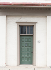 Fifteen panel exterior door painted a lovely sage green with black handle and lock