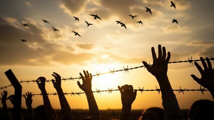 Silhouetted hands reach through barbed wire fence against a vibrant sunset sky with birds flying freely above