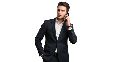 Young businessman talking on phone contemplating isolated on transparent background