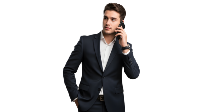 Young businessman talking on phone contemplating isolated on transparent background - Powered by Adobe