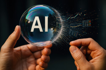 Ai hand bubble data dashboard releasing fragile digital sphere into streaming market charts and numbers conveying tension and curiosity about technology and finance