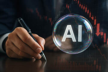 Artificial intelligence ai bubble market businessman risk fragile AI bubble hovers above falling stock chart evoking financial concern and urgency for investors