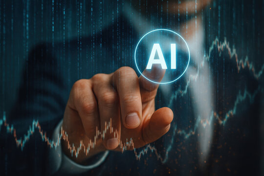 Ai businessman hand holographic stock chart glowing A professional hand interacts with a holographic AI interface over fluctuating financial chart lines expressing innovation - Powered by Adobe