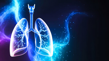 Glowing digital lungs with blue and purple energy swirls