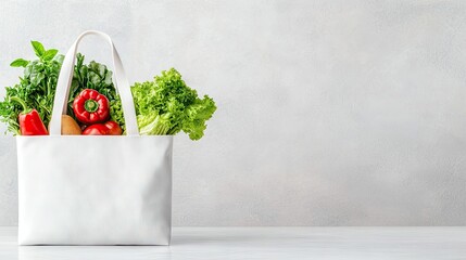 A white tote bag overflowing with fresh, colorful vegetables such as peppers, tomatoes, and lettuce, placed on a white surface against a neutral background.