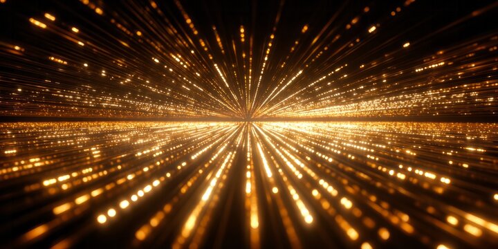 Radiant streaks of golden light move rapidly toward a central vanishing point in a dark abstract space.