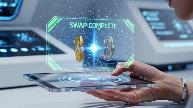 A person interacts with a transparent tablet, seamlessly exchanging two digital currencies. Colorful animations illustrate the swapping process in a modern, high-tech setting.