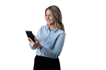 Professional woman smiling using smartphone checking messages