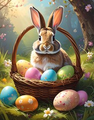 Adorable Easter Bunny in a Basket with Colorful Eggs in a Spring Garden.