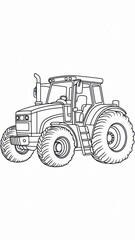 Children’s tractor coloring page featuring a big farm tractor with large rear wheels, cabin and front lights. Thin black line art with simple clear contours and many small technical details.