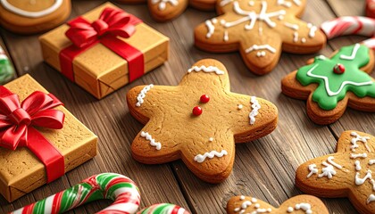 Festive Christmas gingerbread cookies and gift boxes arranged on a rustic wooden table.