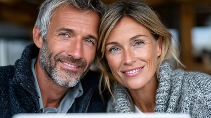 Mature couple smiling happy looking into camera