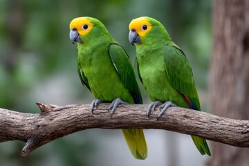 Yellow headed parrots perching on tree branch in nature