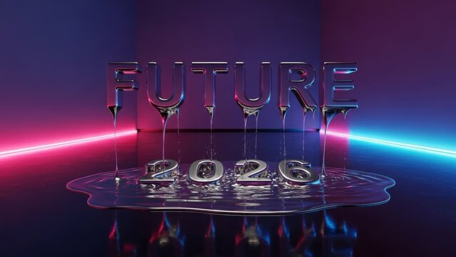 Bold futuristic 2026 concept with melting chrome letters and neon lights, perfect for new year promotions, tech innovations, and modern business strategies