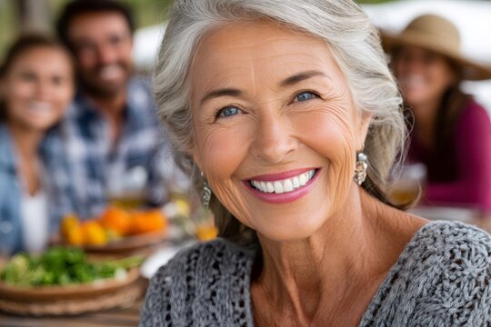 Happy senior woman smiling during family outdoor meal