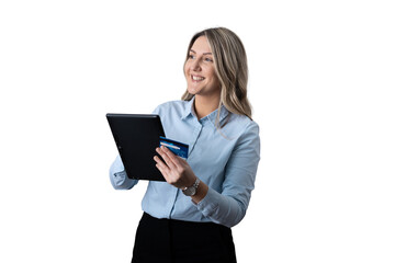 Businesswoman doing online shopping with credit card and tablet