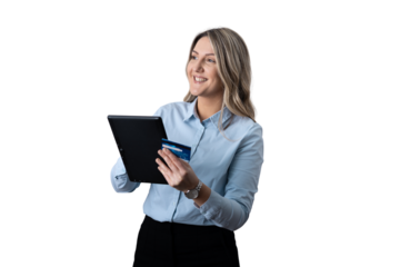 Businesswoman doing online shopping with credit card and tablet