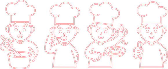 Obraz premium Four Red Outlines of Cartoon Chefs Cooking, Stirring, Tasting, and Flipping Food with Thumbs Up