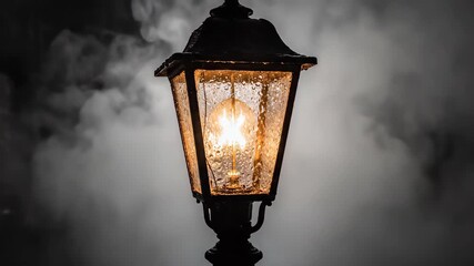 Mysterious street lamp illuminates foggy cobblestone path in a monochromatic nocturnal scene
