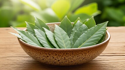 Fresh bay leaves in a rustic bowl on a wooden table outdoors